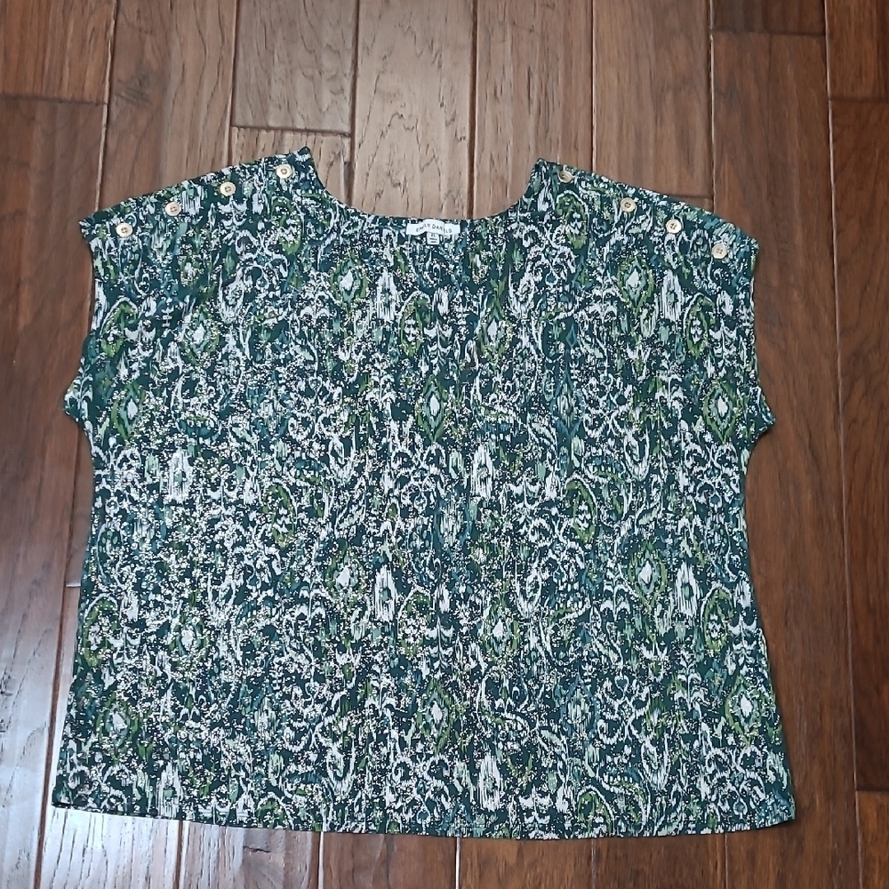 Emily Daniels Green Abstract Print Blouse Speckled with Silver size 2X